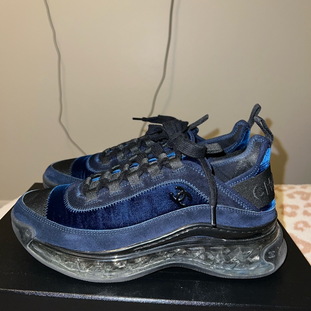 Chanel navy blue velvet sport trail sneakers